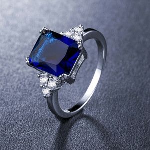 925 Silver Princess Cut Blue Sapphire Ring